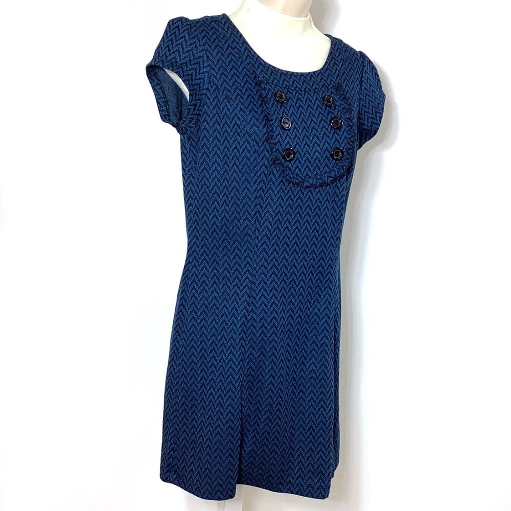 BeBop Dress Blue Black Chevron Geometric Print Small S Ruffle